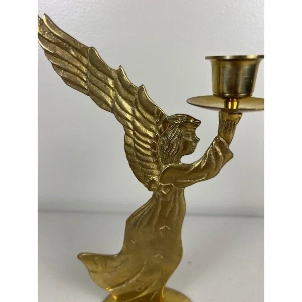 Vintage Solid Brass Angel Candlestick Holder Gold Tone Winged Celestial 8.5 inch